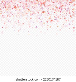 Fondo vectorial de amor cardíaco. Marco de San Valentín. Confeti de corazones rosados. Símbolos de amor dispersos. Forma cardíaca al azar sobre fondo transparente. Hermosa Invitación, Ilustración De Tarjeta De Saludo.