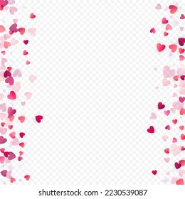 Herzliebe, Vektorhintergrund. Valentinrahmen. Rosa Herzen Konfetti. Gesenkte Liebessymbole. Zufällig fallende Herzform auf transparentem Hintergrund. Schöne Einladung, Grußkartenillustration.
