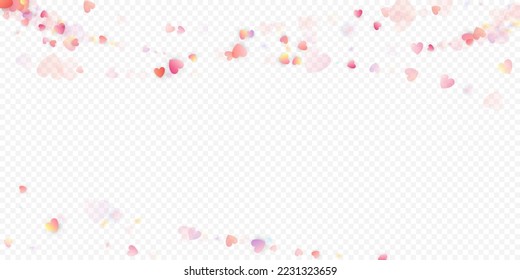 Heart love vector background. Valentine frame. Pink hearts confetti. Scattered love symbols. Random falling heart shape on transparent background. Beautiful Invitation, Greeting Card Illustration.