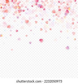 Heart love vector background. Valentine frame. Pink hearts confetti. Scattered love symbols. Random falling heart shape on transparent background. Beautiful Invitation, Greeting Card Illustration.