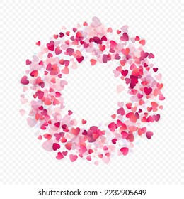 Heart love vector background. Valentine frame. Pink hearts confetti. Scattered love symbols. Random falling heart shape on transparent background. Beautiful Invitation, Greeting Card Illustration.