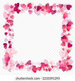 Fondo vectorial de amor cardíaco. Marco de San Valentín. Confeti de corazones rosados. Símbolos de amor dispersos. Forma cardíaca al azar sobre fondo transparente. Hermosa Invitación, Ilustración De Tarjeta De Saludo.