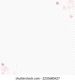 Herzliebe, Vektorhintergrund. Valentinrahmen. Rosa Herzen Konfetti. Gesenkte Liebessymbole. Zufällig fallende Herzform auf transparentem Hintergrund. Schöne Einladung, Grußkartenillustration.