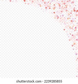 Heart love vector background. Valentine frame. Pink hearts confetti. Scattered love symbols. Random falling heart shape on transparent background. Beautiful Invitation, Greeting Card Illustration.