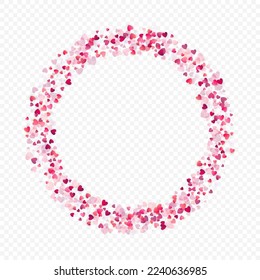 Herzliebe, Vektorhintergrund. Valentinrahmen. Rosa Herzen Konfetti. Gesenkte Liebessymbole. Zufällig fallende Herzform auf transparentem Hintergrund. Schöne Einladung, Grußkartenillustration.