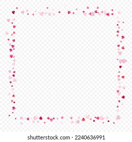 Herzliebe, Vektorhintergrund. Valentinrahmen. Rosa Herzen Konfetti. Gesenkte Liebessymbole. Zufällig fallende Herzform auf transparentem Hintergrund. Schöne Einladung, Grußkartenillustration.