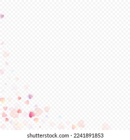 Heart love vector background. Valentine frame. Pink hearts confetti. Scattered love symbols. Random falling heart shape on transparent background. Beautiful Invitation, Greeting Card Illustration.