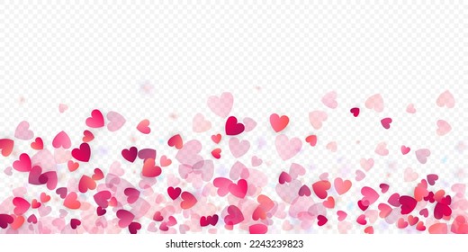 Heart love vector background. Valentine frame. Pink hearts confetti. Scattered love symbols. Random falling heart shape on transparent background. Beautiful Invitation, Greeting Card Illustration.