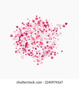 Heart love vector background. Valentine frame. Pink hearts confetti. Scattered love symbols. Random falling heart shape on transparent background. Beautiful Invitation, Greeting Card Illustration.