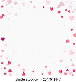 Fondo vectorial de amor cardíaco. Marco de San Valentín. Confeti de corazones rosados. Símbolos de amor dispersos. Forma cardíaca al azar sobre fondo transparente. Hermosa Invitación, Ilustración De Tarjeta De Saludo.