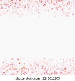 Heart love vector background. Valentine frame. Pink hearts confetti. Scattered love symbols. Random falling heart shape on transparent background. Beautiful Invitation, Greeting Card Illustration.