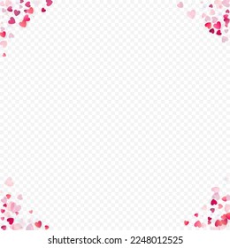 Heart love vector background. Valentine frame. Pink hearts confetti. Scattered love symbols. Random falling heart shape on transparent background. Beautiful Invitation, Greeting Card Illustration.