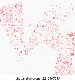 Heart love vector background. Valentine frame. Pink hearts confetti. Scattered love symbols. Random falling heart shape on transparent background. Beautiful Invitation, Greeting Card Illustration.
