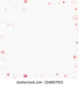 Heart love vector background. Valentine frame. Pink hearts confetti. Scattered love symbols. Random falling heart shape on transparent background. Beautiful Invitation, Greeting Card Illustration.