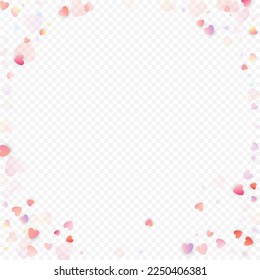 Herzliebe, Vektorhintergrund. Valentinrahmen. Rosa Herzen Konfetti. Gesenkte Liebessymbole. Zufällig fallende Herzform auf transparentem Hintergrund. Schöne Einladung, Grußkartenillustration.