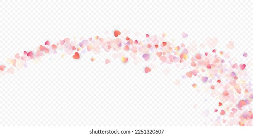 Herzliebe, Vektorhintergrund. Valentinrahmen. Rosa Herzen Konfetti. Gesenkte Liebessymbole. Zufällig fallende Herzform auf transparentem Hintergrund. Schöne Einladung, Grußkartenillustration.