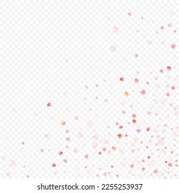 Fondo vectorial de amor cardíaco. Marco de San Valentín. Confeti de corazones rosados. Símbolos de amor dispersos. Forma cardíaca al azar sobre fondo transparente. Hermosa Invitación, Ilustración De Tarjeta De Saludo.