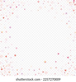 Heart love vector background. Valentine frame. Pink hearts confetti. Scattered love symbols. Random falling heart shape on transparent background. Beautiful Invitation, Greeting Card Illustration.
