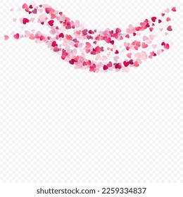 Heart love vector background. Valentine frame. Pink hearts confetti. Scattered love symbols. Random falling heart shape on transparent background. Beautiful Invitation, Greeting Card Illustration.