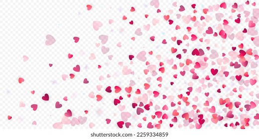 Heart love vector background. Valentine frame. Pink hearts confetti. Scattered love symbols. Random falling heart shape on transparent background. Beautiful Invitation, Greeting Card Illustration.