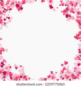 Heart love vector background. Valentine frame. Pink hearts confetti. Scattered love symbols. Random falling heart shape on transparent background. Beautiful Invitation, Greeting Card Illustration.