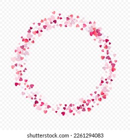 Heart love vector background. Valentine frame. Pink hearts confetti. Scattered love symbols. Random falling heart shape on transparent background. Beautiful Invitation, Greeting Card Illustration.