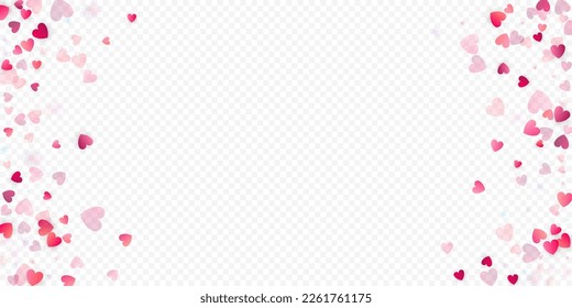 Heart love vector background. Valentine frame. Pink hearts confetti. Scattered love symbols. Random falling heart shape on transparent background. Beautiful Invitation, Greeting Card Illustration.