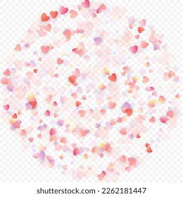 Fondo vectorial de amor cardíaco. Marco de San Valentín. Confeti de corazones rosados. Símbolos de amor dispersos. Forma cardíaca al azar sobre fondo transparente. Hermosa Invitación, Ilustración De Tarjeta De Saludo.