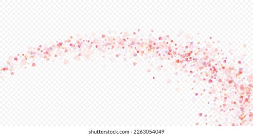 Herzliebe, Vektorhintergrund. Valentinrahmen. Rosa Herzen Konfetti. Gesenkte Liebessymbole. Zufällig fallende Herzform auf transparentem Hintergrund. Schöne Einladung, Grußkartenillustration.
