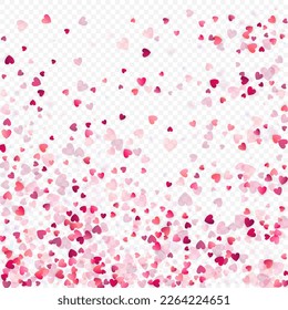 Heart love vector background. Valentine frame. Pink hearts confetti. Scattered love symbols. Random falling heart shape on transparent background. Beautiful Invitation, Greeting Card Illustration.