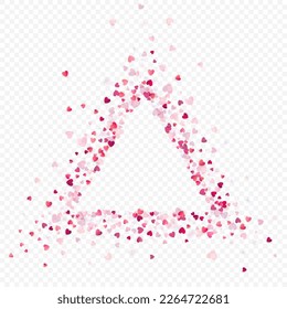 Heart love vector background. Valentine frame. Pink hearts confetti. Scattered love symbols. Random falling heart shape on transparent background. Beautiful Invitation, Greeting Card Illustration.