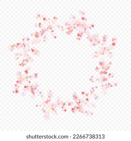 Heart love vector background. Valentine frame. Pink hearts confetti. Scattered love symbols. Random falling heart shape on transparent background. Beautiful Invitation, Greeting Card Illustration.