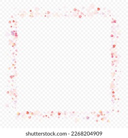 Heart love vector background. Valentine frame. Pink hearts confetti. Scattered love symbols. Random falling heart shape on transparent background. Beautiful Invitation, Greeting Card Illustration.