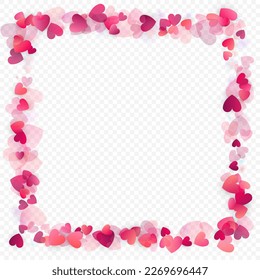 Heart love vector background. Valentine frame. Pink hearts confetti. Scattered love symbols. Random falling heart shape on transparent background. Beautiful Invitation, Greeting Card Illustration.