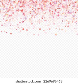 Heart love vector background. Valentine frame. Pink hearts confetti. Scattered love symbols. Random falling heart shape on transparent background. Beautiful Invitation, Greeting Card Illustration.
