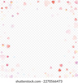 Herzliebe, Vektorhintergrund. Valentinrahmen. Rosa Herzen Konfetti. Gesenkte Liebessymbole. Zufällig fallende Herzform auf transparentem Hintergrund. Schöne Einladung, Grußkartenillustration.