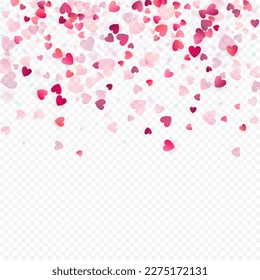 Heart love vector background. Valentine frame. Pink hearts confetti. Scattered love symbols. Random falling heart shape on transparent background. Beautiful Invitation, Greeting Card Illustration.