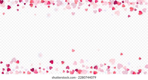 Heart love vector background. Valentine frame. Pink hearts confetti. Scattered love symbols. Random falling heart shape on transparent background. Beautiful Invitation, Greeting Card Illustration.