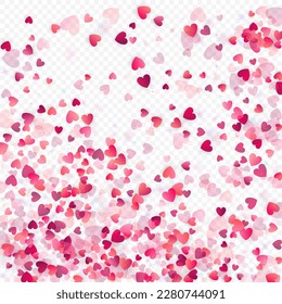 Herzliebe, Vektorhintergrund. Valentinrahmen. Rosa Herzen Konfetti. Gesenkte Liebessymbole. Zufällig fallende Herzform auf transparentem Hintergrund. Schöne Einladung, Grußkartenillustration.
