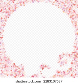 Heart love vector background. Valentine frame. Pink hearts confetti. Scattered love symbols. Random falling heart shape on transparent background. Beautiful Invitation, Greeting Card Illustration.