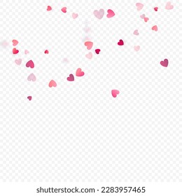 Heart love vector background. Valentine frame. Pink hearts confetti. Scattered love symbols. Random falling heart shape on transparent background. Beautiful Invitation, Greeting Card Illustration.