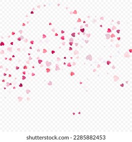 Fondo vectorial de amor cardíaco. Marco de San Valentín. Confeti de corazones rosados. Símbolos de amor dispersos. Forma cardíaca al azar sobre fondo transparente. Hermosa Invitación, Ilustración De Tarjeta De Saludo.