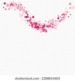 Heart love vector background. Valentine frame. Pink hearts confetti. Scattered love symbols. Random falling heart shape on transparent background. Beautiful Invitation, Greeting Card Illustration.