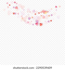 Fondo vectorial de amor cardíaco. Marco de San Valentín. Confeti de corazones rosados. Símbolos de amor dispersos. Forma cardíaca al azar sobre fondo transparente. Hermosa Invitación, Ilustración De Tarjeta De Saludo.