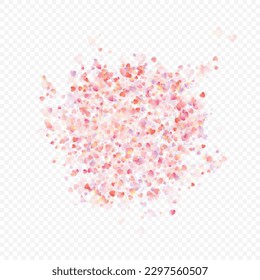 Heart love vector background. Valentine frame. Pink hearts confetti. Scattered love symbols. Random falling heart shape on transparent background. Beautiful Invitation, Greeting Card Illustration.