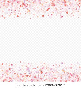 Heart love vector background. Valentine frame. Pink hearts confetti. Scattered love symbols. Random falling heart shape on transparent background. Beautiful Invitation, Greeting Card Illustration.