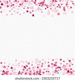 Fondo vectorial de amor cardíaco. Marco de San Valentín. Confeti de corazones rosados. Símbolos de amor dispersos. Forma cardíaca al azar sobre fondo transparente. Hermosa Invitación, Ilustración De Tarjeta De Saludo.