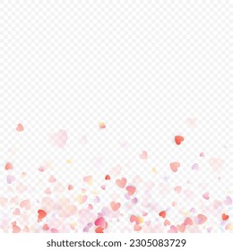 Heart love vector background. Valentine frame. Pink hearts confetti. Scattered love symbols. Random falling heart shape on transparent background. Beautiful Invitation, Greeting Card Illustration.