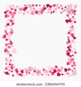 Heart love vector background. Valentine frame. Pink hearts confetti. Scattered love symbols. Random falling heart shape on transparent background. Beautiful Invitation, Greeting Card Illustration.