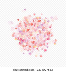 Heart love vector background. Valentine frame. Pink hearts confetti. Scattered love symbols. Random falling heart shape on transparent background. Beautiful Invitation, Greeting Card Illustration.